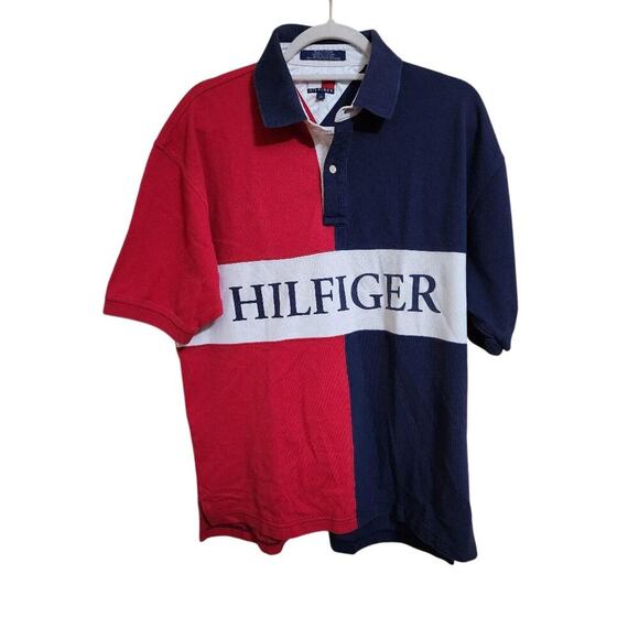 Vintage Men's Tommy Hilfiger Red and Blue Polo Size Large - Picture 1 of 3